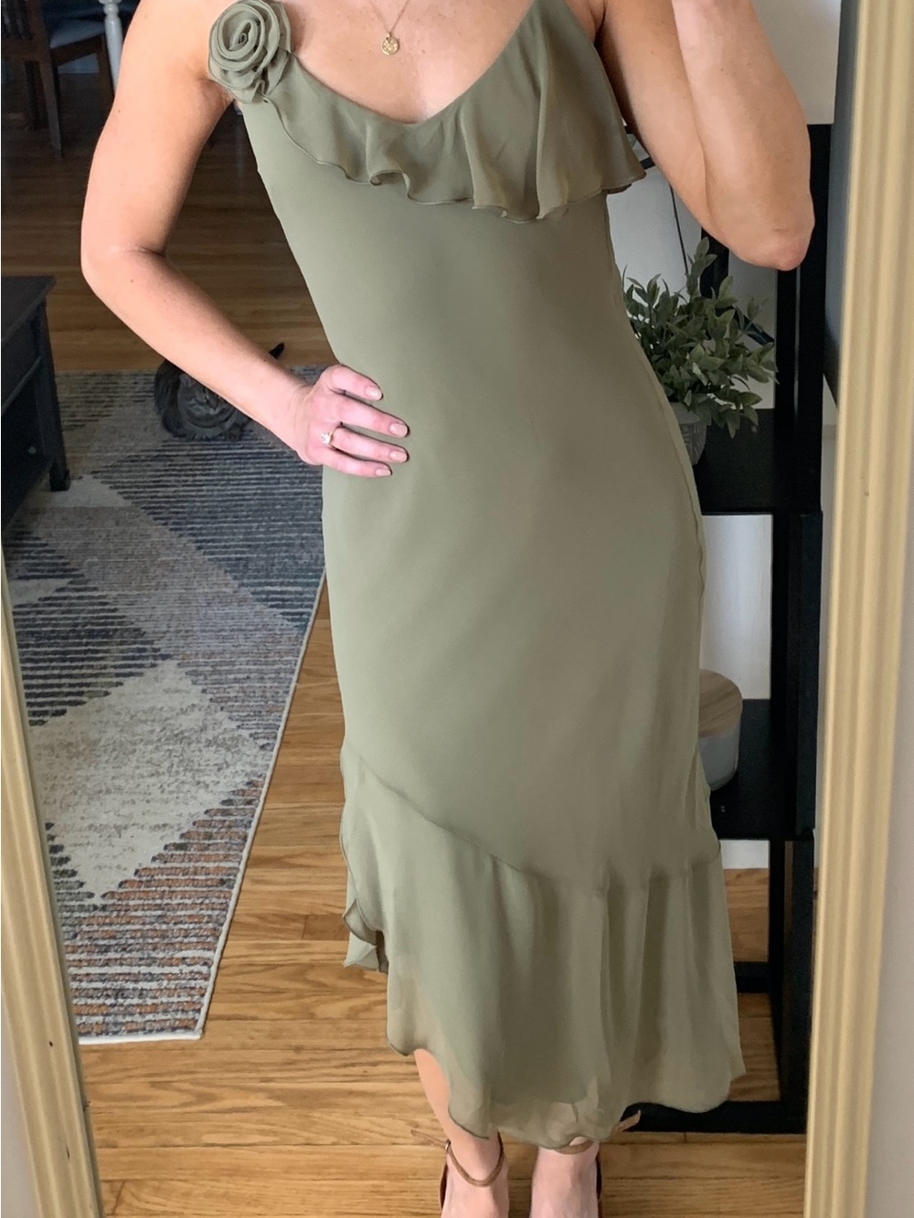 Aritzia Olive Green Ruffle-Detail Midi Dress